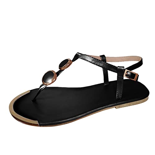 Women's Flat Elastic Sandals Elastic Strappy Thong Ankle Strap Summer Sandals with Rhinestones Slingback Sandal Flat Sandal Black_02, 8