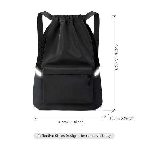 Valleycomfy Drawstring Backpack Sports Gym Backpack with Reflective Strips Water-Resistant String Beach Bag for Men Women Black