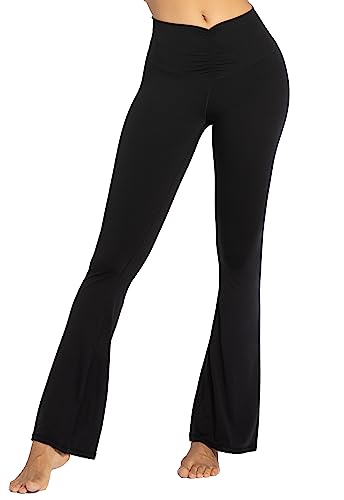 Sunzel Flare Leggings for Women, Ruched V High Waisted Yoga Pants with Tummy Control Wide Leg, 32" (X-Small, Black)