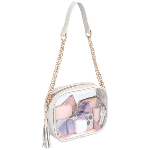 PACKISM Clear Bag for Stadium Events - Fashionable Clear Purse Crossbody for Women Approved, PU & PVC, Adjustable Chain Strap with Tassel, Perfect for Sports & Concerts, Off-White