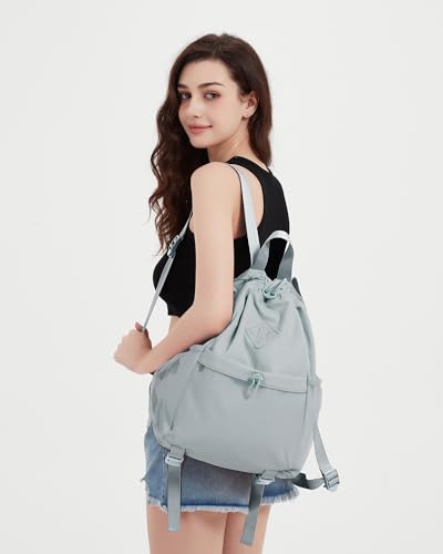 WANDF Drawstring Backpack Sports Gym Bag with Yoga Mat Strap, Water-Resistant String Backpack Cinch Bag with Mesh Pocket for Women Men (Beige, Patent Pending)