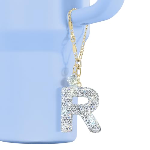 Mokoart Glitter Letter Tumbler Accessories for Stanley Cup, Water Bottle Chain for Stanley/Simple Modern Tumbler with Handle, Cute Initial Name ID with Bling Letter for Stanley Cup Accessories (R)