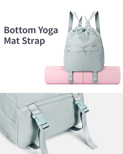 WANDF Drawstring Backpack Sports Gym Bag with Yoga Mat Strap, Water-Resistant String Backpack Cinch Bag with Mesh Pocket for Women Men (Beige, Patent Pending)