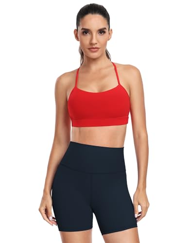 HeyNuts to Freest Y Back Sports Bras for Women Spaghetti Thin Strap Workout Bras Wirefree Padded Racerback Yoga Bras with Removable Pads Medium Impact True Red S