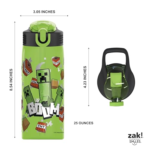 Zak Designs Minecraft Water Bottle For School or Travel, 25 oz Durable Plastic Water Bottle With Straw, Handle, and Leak-Proof, Pop-Up Spout Cover (Creeper)