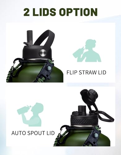 64oz Insulated Water Bottle with Straw & Auto Spout Lid - (Cold 48H & Hot 24H) Half Gallon Stainless Steel Water Jug with Paracord Handle, Metal Tactical Military Water Flask with Carrier Strap Bag