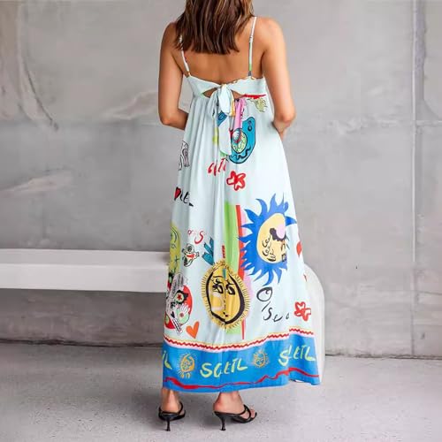 Generic Women Cute Print Maxi Cami Dress Loose Sleeveless Spaghetti Strap Boho Dress Flowy Graffiti Long Aline Sun Dress(B-Blue,Large)