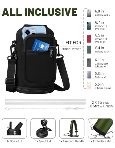 64oz Insulated Water Bottle with Straw & Auto Spout Lid - (Cold 48H & Hot 24H) Half Gallon Stainless Steel Water Jug with Paracord Handle, Metal Tactical Military Water Flask with Carrier Strap Bag