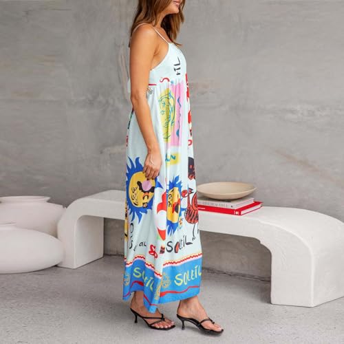 Generic Women Cute Print Maxi Cami Dress Loose Sleeveless Spaghetti Strap Boho Dress Flowy Graffiti Long Aline Sun Dress(B-Blue,Large)