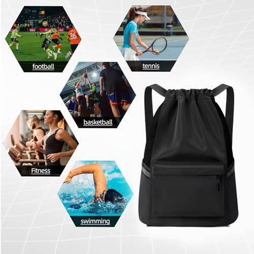 Valleycomfy Drawstring Backpack Sports Gym Backpack with Reflective Strips Water-Resistant String Beach Bag for Men Women Black