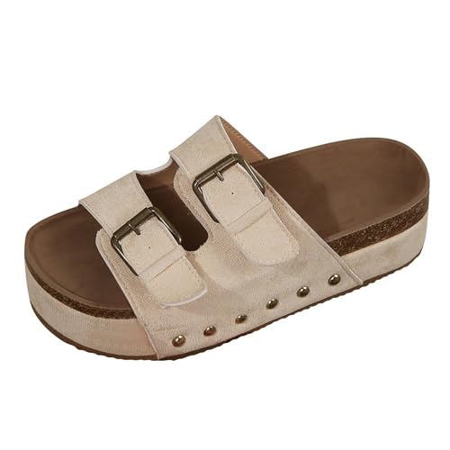 Generic Platform Footbed Sandals for Women Comfortable Footbed Summer Sandals Slip On Slides Beach Sandals Adjustable Buckle, 6.5, Beige