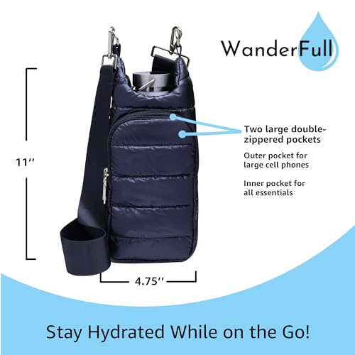 WanderFull Original Crossbody HydroBag | Quilted Water Bottle Carrier | Puffer Tote Tumbler Holder with Pockets for Purse, Phone & Accessories | Carry Travel Essentials (Navy Shiny & Solid Strap)