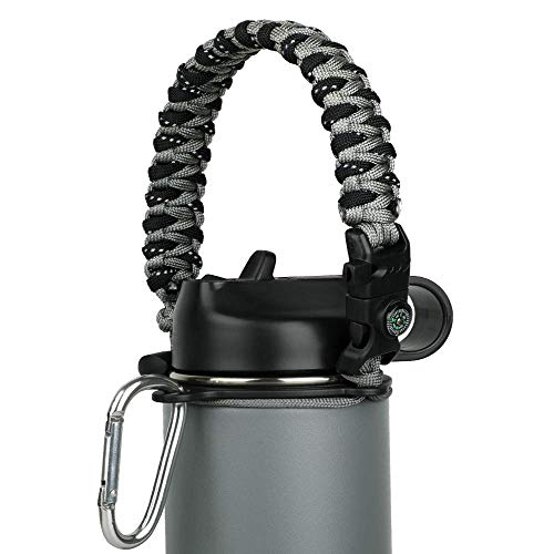 WEREWOLVES Paracord Handle - Fits Wide Mouth Bottles 12oz to 64oz - Durable Carrier, Paracord Carrier Strap Cord with Safety Ring,Compass and Carabiner - Ideal Water Bottle Handle Strap (Grey-Black)