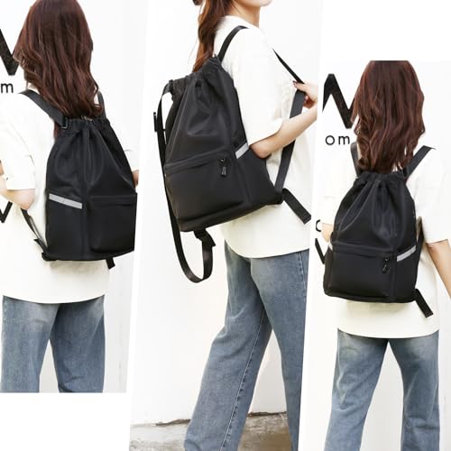 Valleycomfy Drawstring Backpack Sports Gym Backpack with Reflective Strips Water-Resistant String Beach Bag for Men Women Black