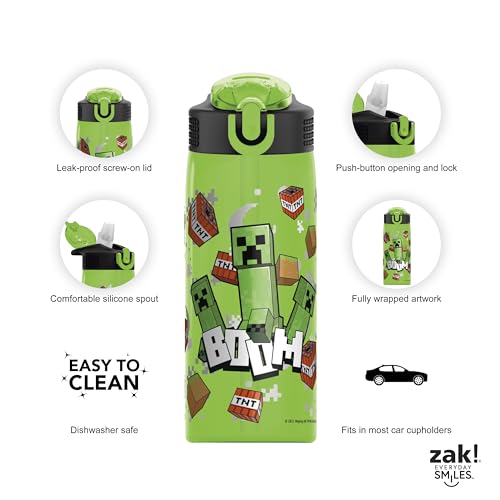 Zak Designs Minecraft Water Bottle For School or Travel, 25 oz Durable Plastic Water Bottle With Straw, Handle, and Leak-Proof, Pop-Up Spout Cover (Creeper)