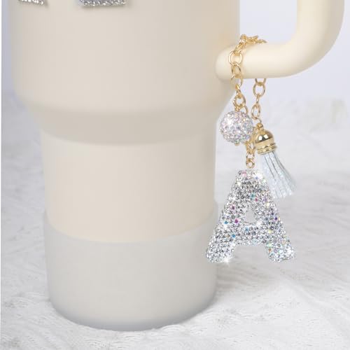 Letter Charms for Stanley Cup Handle,Silicone Boot Accessories Charms for Stanley Cup 40oz 30oz,Crown Straw Cover Topper & Diamond Sticker(W)