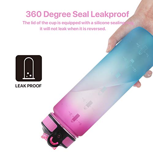 EYQ 32 oz Water Bottle with Time Marker, Carry Strap, Leak-Proof Tritan BPA-Free, Ensure You Drink Enough Water for Fitness, Gym, Camping, Outdoor Sports (Yellow/Pink Gradient)