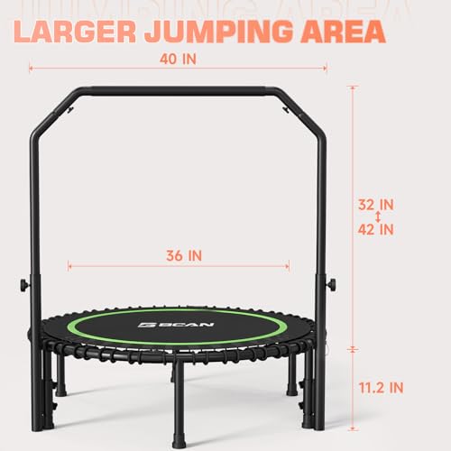 BCAN 450 LBS Foldable Mini Trampoline, 40" Fitness Trampoline with Adjustable Handle Bar, Bungees, Stable & Quiet Exercise Rebounder for Kids Adults Indoor/Garden Workout-Black