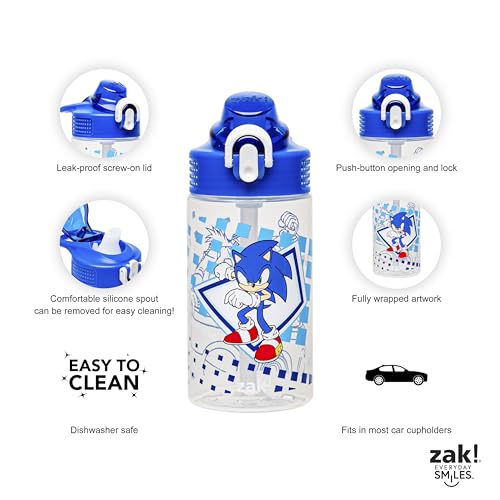 Zak Designs Sage Sonic the Hedgehog Water Bottle For School or Travel, 16oz Durable Plastic Water Bottle With Straw, Handle, and Leak-Proof, Pop-Up Spout Cover (Sonic, Eggman)