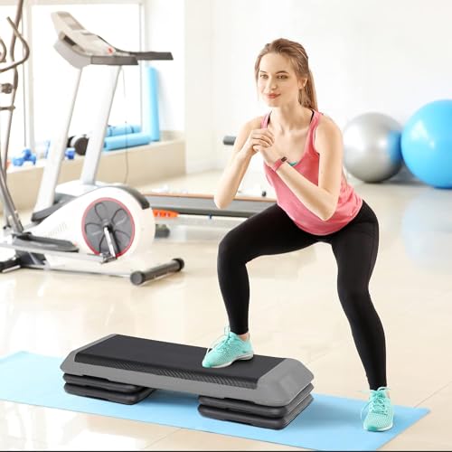 Oteymart 43 Inches Aerobic Step Platform Stepper Height Adjustable for Exercise Workout Step Platform w/ 4 Risers Trainer, Black