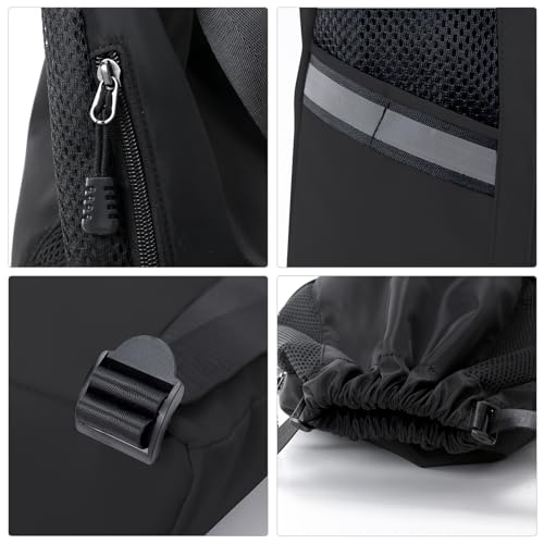 Valleycomfy Drawstring Backpack Sports Gym Backpack with Reflective Strips Water-Resistant String Beach Bag for Men Women Black
