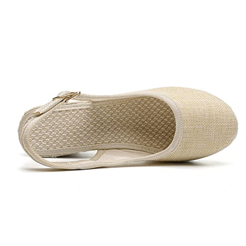 Women's Ankle Strap Low Wedge Sandal Platform Espadrille Strappy Casual Braided Heels Comfy Walking with Arch Support 02-Beige, 7.5