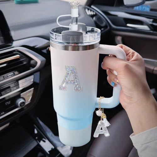 Letter Charms for Stanley Cup Handle,Silicone Boot Accessories Charms for Stanley Cup 40oz 30oz,Crown Straw Cover Topper & Diamond Sticker(W)