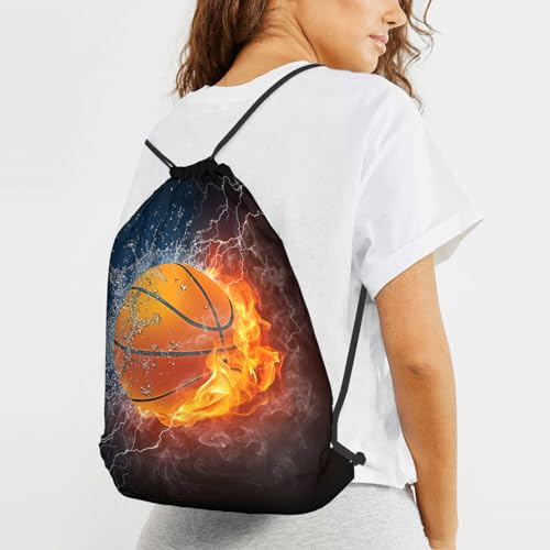 Zautey Basketball Drawstring Bag 3D Cool Basketball in Fire And Water Backpack Bag Sports Drawstring Sackpack String Bag for Men Women