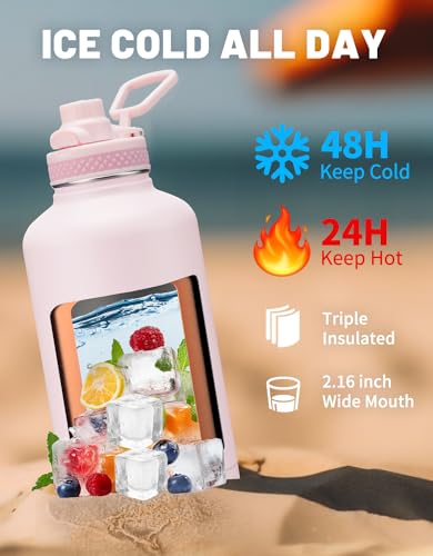 64oz Insulated Water Bottle with Straw & Auto Spout Lid - (Cold 48H & Hot 24H) Half Gallon Stainless Steel Water Jug with Paracord Handle, Metal Tactical Military Water Flask with Carrier Strap Bag