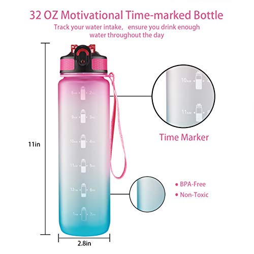 EYQ 32 oz Water Bottle with Time Marker, Carry Strap, Leak-Proof Tritan BPA-Free, Ensure You Drink Enough Water for Fitness, Gym, Camping, Outdoor Sports (Yellow/Pink Gradient)