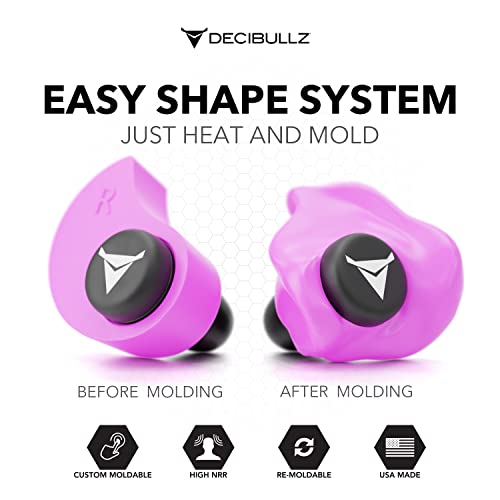 Decibullz - Custom Molded Earplugs, 31dB Highest NRR, Comfortable Hearing Protection for Shooting, Travel, Swimming, Work and Concerts (Pink)