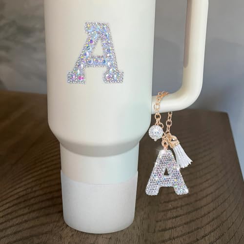 Letter Charms for Stanley Cup Handle,Silicone Boot Accessories Charms for Stanley Cup 40oz 30oz,Crown Straw Cover Topper & Diamond Sticker(W)