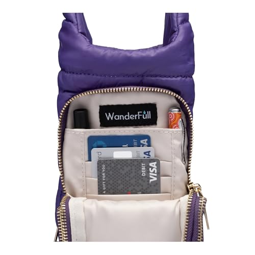 WanderFull Original Crossbody HydroBag | Quilted Water Bottle Carrier | Puffer Tote Tumbler Holder with Pockets for Purse, Phone & Accessories | Carry Travel Essentials (Deep Violet)