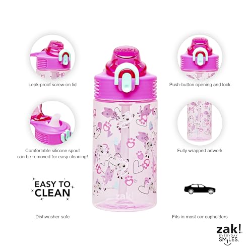 Zak Designs Sage DreamWorks Gabby's Dollhouse Kids Water Bottle For School or Travel, 16oz Durable Plastic Water Bottle With Straw, Handle, and Leak-Proof, Pop-Up Spout Cover (Pandy Paws)