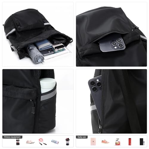 Valleycomfy Drawstring Backpack Sports Gym Backpack with Reflective Strips Water-Resistant String Beach Bag for Men Women Black
