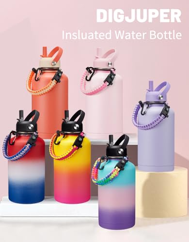 64oz Insulated Water Bottle with Straw & Auto Spout Lid - (Cold 48H & Hot 24H) Half Gallon Stainless Steel Water Jug with Paracord Handle, Metal Tactical Military Water Flask with Carrier Strap Bag