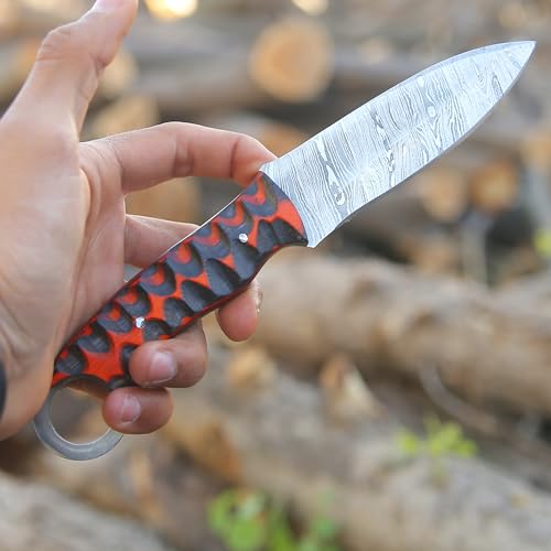 Fixed Blade Hunting Knife Camel Bone Handle Damascus Steel Sharp Blade Full Tang Knife with Leather Sheath for Outdoor Camping, Skining, Hiking, Fishing, Bushcraft Survival Knives (Camel Bone)