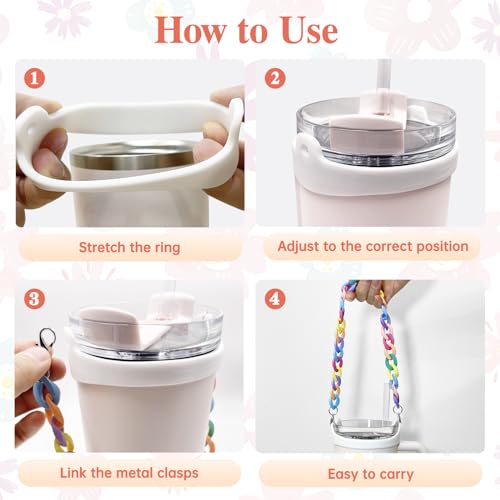 Lingdeer Water Bottle Handle with Lip Balm Holder, Macrame Flowers Water Bottle Sling Holder Lanyard, Carrier with Strap, Fits Most 8-40oz Bottles, Compatible with Stanley Cup Accessories