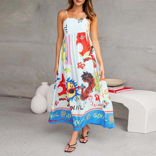 Generic Women Cute Print Maxi Cami Dress Loose Sleeveless Spaghetti Strap Boho Dress Flowy Graffiti Long Aline Sun Dress(B-Blue,Large)