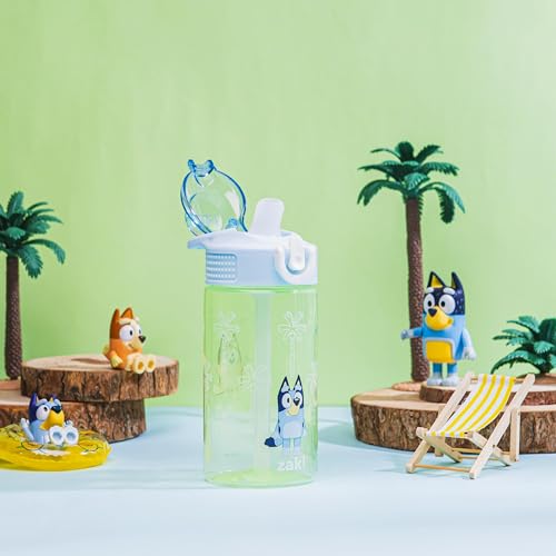 Zak Designs Sage Bluey Kids Water Bottle For School or Travel, 16oz Durable Plastic Water Bottle With Straw, Handle, and Leak-Proof, Pop-Up Spout Cover (Bluey & Bingo)