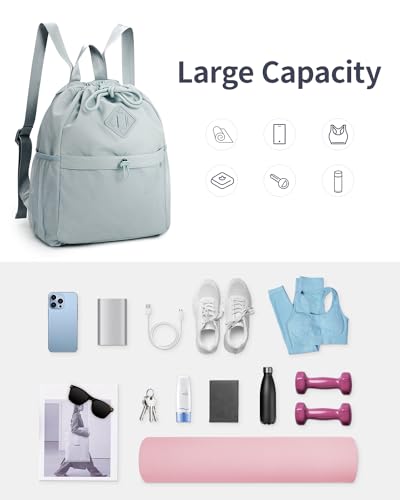WANDF Drawstring Backpack Sports Gym Bag with Yoga Mat Strap, Water-Resistant String Backpack Cinch Bag with Mesh Pocket for Women Men (Beige, Patent Pending)