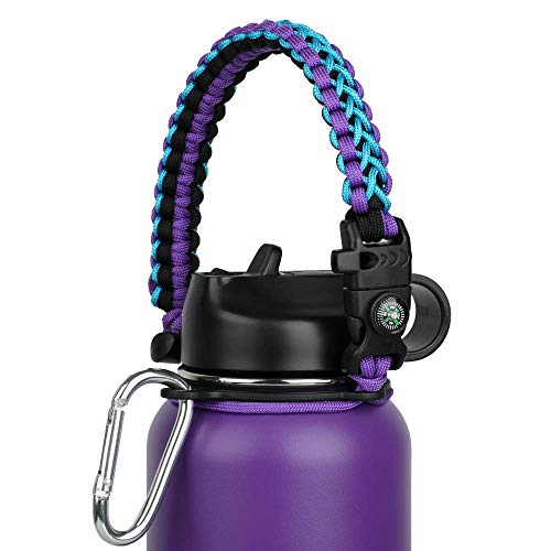 WEREWOLVES Paracord Handle - Fits Wide Mouth Bottles 12oz to 64oz - Durable Carrier, Paracord Carrier Strap Cord with Safety Ring,Compass and Carabiner - Ideal Water Bottle Handle Strap (Purple Blue)