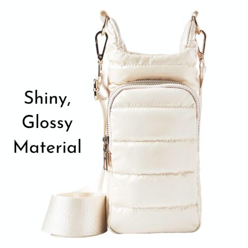WanderFull Original Crossbody HydroBag | Quilted Water Bottle Carrier | Puffer Tote Tumbler Holder with Pockets for Purse, Phone & Accessories | Carry Travel Essentials (Ivory Gloss)