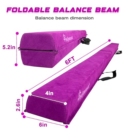 PreGymnastic 6FT/8FT/9.5FT Folding Balance Beam for Kids 3-12,Foldable Gymnastics Floor Beam-Extra Firm Suede Cover with Carry Bag for Home-Gym Equipment for Toddler Teenage (Purple, 6FT)