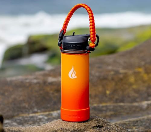 HYDRO CELL Paracord Handle for Wide Mouth Water Bottles - Carrier Strap w/Attachment Ring and Carabiner Accessory. Compatible w/ 64oz, 40oz 32oz, 24oz, 18oz, 14oz Insulated Bottles (Red/Orange)