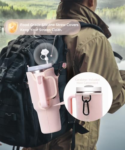 dabria Initial A-Z Water Bottle Bag with Phone Pocket for Stanley 40 oz Tumbler Neoprene Water Bottle Holder Pouch with Adjustable Strap Bollus with Straw Cover & Carabiner for Stanley Cup Accessories