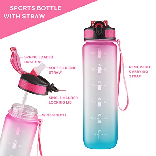 EYQ 32 oz Water Bottle with Time Marker, Carry Strap, Leak-Proof Tritan BPA-Free, Ensure You Drink Enough Water for Fitness, Gym, Camping, Outdoor Sports (Yellow/Pink Gradient)