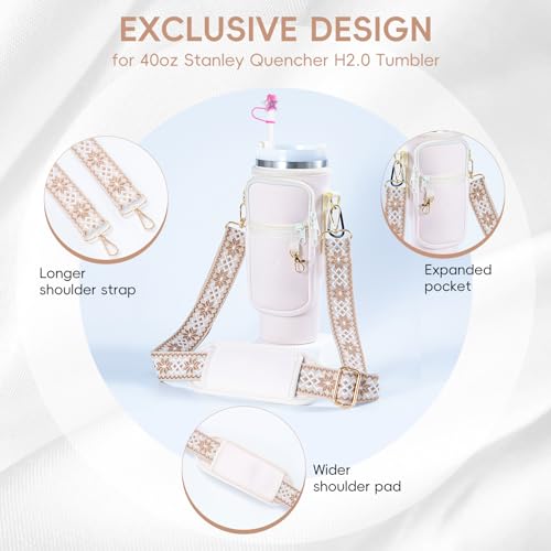 SWANSWIFT Upgraded Stanley Cup Carrier Bag Accessories for 30oz/40oz with Phone Pocket Tumbler Water Bottle Holder with Adjustable Strap with 2 Straw Covers &1 Carabiner (Beige)