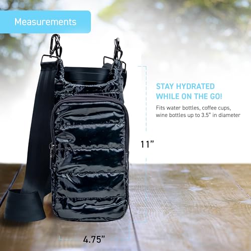 WanderFull Original Crossbody HydroBag | Quilted Water Bottle Carrier | Puffer Tote Tumbler Holder with Pockets for Purse, Phone & Accessories | Carry Travel Essentials (Black Glossy/Black Strap)