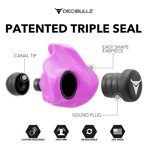 Decibullz - Custom Molded Earplugs, 31dB Highest NRR, Comfortable Hearing Protection for Shooting, Travel, Swimming, Work and Concerts (Pink)